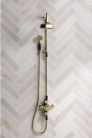 Calder Dual Outlet Shower Kit - Exposed Valve - 6 inch Rose - Black Ceramic Lever - Handshower Mounted on Riser-Rail - Gold