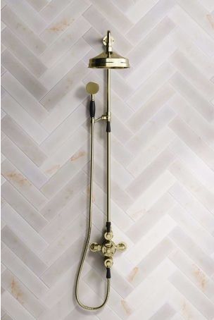 Calder Dual Outlet Shower Kit - Exposed Valve - 8 inch Rose - Black Ceramic Lever - Handshower Mounted on Riser-Rail - Gold