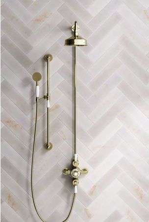 Calder Dual Outlet Shower Kit - Exposed Valve - 6 inch Rose - White Ceramic Lever - Handshower Slider-Rail - Gold