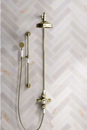 Calder Dual Outlet Shower Kit - Exposed Valve - 8 inch Rose - White Ceramic Lever - Handshower Slider-Rail - Gold