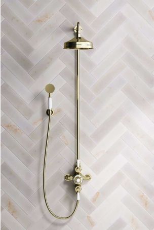 Calder Dual Outlet Shower Kit - Exposed Valve - 8 inch Rose - White Ceramic Lever - Handshower Hook - Gold