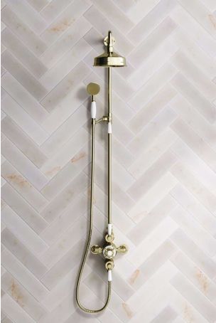Calder Dual Outlet Shower Kit - Exposed Valve - 6 inch Rose - White Ceramic Lever - Handshower Mounted on Riser-Rail - Gold