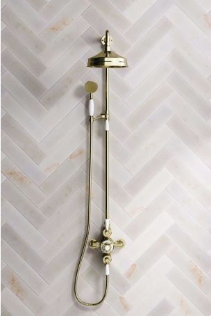Calder Dual Outlet Shower Kit - Exposed Valve - 8 inch Rose - White Ceramic Lever - Handshower Mounted on Riser-Rail - Gold