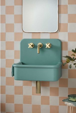 Laszlo Rectangular Concrete Basin With Backsplash - Three Tap Holes - Freestanding - Seafoam Green