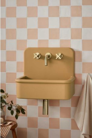 Laszlo Rectangular Concrete Basin With Backsplash - Three Tap Holes - Freestanding - Ochre Yellow