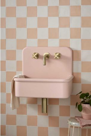 Laszlo Rectangular Concrete Basin With Backsplash - Three Tap Holes - Freestanding - Blush Pink