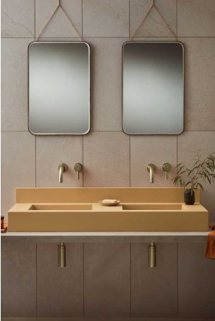 Xanti Rectangular Concrete Double Basin With Backsplash - Freestanding - Ochre Yellow