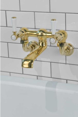 Linton Bath Filler Tap Wall Mounted White Lever Polished Brass 3/4BSP