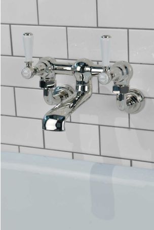 Linton Bath Filler Tap Wall Mounted White Lever Polished Nickel 3/4BSP