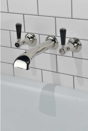 Linton - 3-Hole Bath Filler - Wall Mounted - Black Lever - Nickel