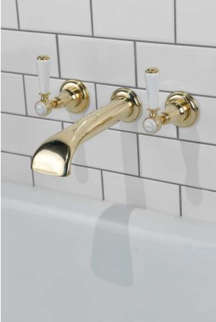 Linton - 3-Hole Bath Filler - Wall Mounted - White Lever - Brass