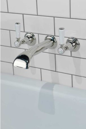 Linton - 3-Hole Bath Filler - Wall Mounted - White Lever - Nickel