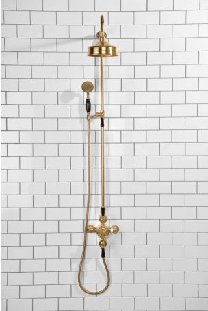 Calder Dual Outlet Shower Kit - Exposed Valve - 6 inch Rose - Black Ceramic Lever - Handshower Mounted on Riser-Rail - Polished Brass