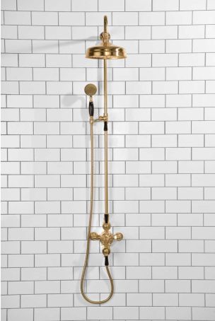 Calder Dual Outlet Shower Kit - Exposed Valve - 8 inch Rose - Black Ceramic Lever - Handshower Mounted on Riser-Rail - Polished Brass