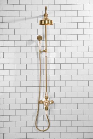 Calder Dual Outlet Shower Kit - Exposed Valve - 6 inch Rose - White Ceramic Lever - Handshower Mounted on Riser-Rail - Polished Brass