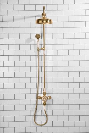 Calder Dual Outlet Shower Kit - Exposed Valve - 8 inch Rose - White Ceramic Lever - Handshower Mounted on Riser-Rail - Polished Brass