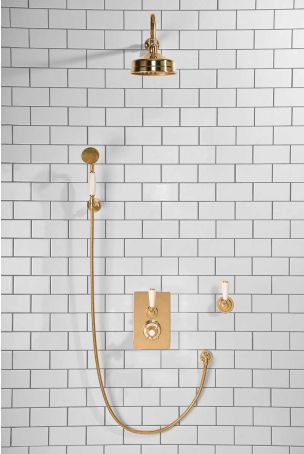 Calder Concealed Shower Valve Kit with Diverter and Hook Mount And 6" Rose White Lever Polished Brass