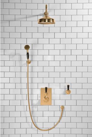 Calder Concealed Shower Valve Kit 8" Rose with Diverter and Hook Mount Black Lever Polished Brass