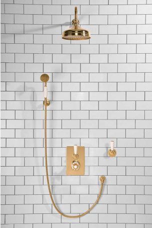 Calder Concealed Shower Valve Kit 8" Rose with Diverter and Hook Mount White Lever Polished Brass