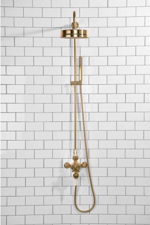 Elbe Dual Outlet Shower Kit - Exposed Valve - White Ceramic Lever - Handshower Mounted on Riser-Rail - Polished Brass