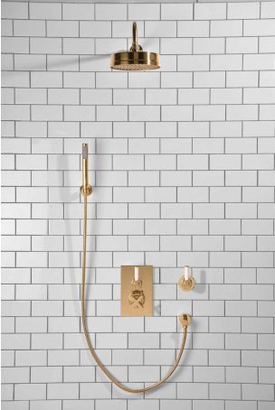 Elbe - Concealed Shower Set + Diverter - Hook Mount - White Lever/White Lever - 8" Rose - Polished Brass