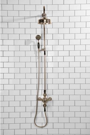 Calder Dual Outlet Shower Kit - Exposed Valve - 6 inch Rose - Black Ceramic Lever - Handshower Mounted on Riser-Rail - Polished Nickel