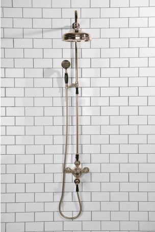 Calder Dual Outlet Shower Kit - Exposed Valve - 8 inch Rose - Black Ceramic Lever - Handshower Mounted on Riser-Rail - Polished Nickel