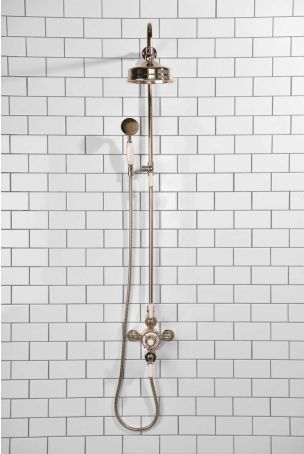 Calder Dual Outlet Shower Kit - Exposed Valve - 6 inch Rose - White Ceramic Lever - Handshower Mounted on Riser-Rail - Polished Nickel