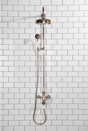 Calder Dual Outlet Shower Kit - Exposed Valve - 8 inch Rose - White Ceramic Lever - Handshower Mounted on Riser-Rail - Polished Nickel