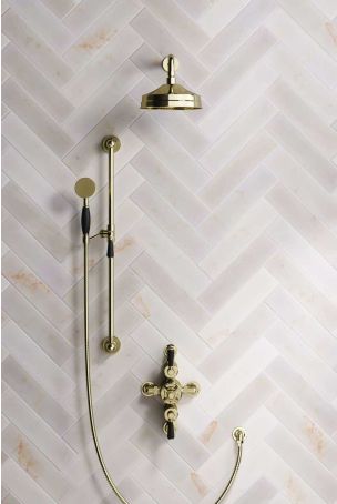 Calder Dual Outlet Shower Kit - Semi-Exposed Valve - 8 inch Rose - Black Ceramic Lever - Handshower Slider-Rail - Gold