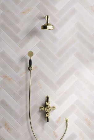 Calder Dual Outlet Shower Kit - Semi-Exposed Valve - 6 inch Rose - Black Ceramic Lever - Handshower Hook - Gold