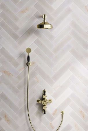 Calder Dual Outlet Shower Kit - Semi-Exposed Valve - 8 inch Rose - Black Ceramic Lever - Handshower Hook - Gold