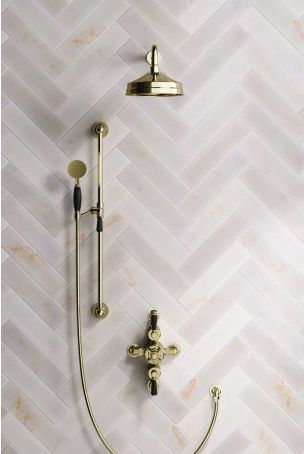 Calder Dual Outlet Shower Kit - Semi-Exposed Valve - 8 inch Rose - 500mm Shower Arm - Black Ceramic Lever - Handshower Slider-Rail - Gold
