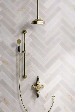 Calder Dual Outlet Shower Kit - Semi-Exposed Valve - 8 inch Rose - Black Ceramic Lever - Handshower Slider-Rail - Ceiling Mounted Rose - Gold