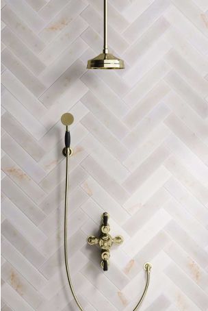 Calder Dual Outlet Shower Kit - Semi-Exposed Valve - 8 inch Rose - Black Ceramic Lever - Handshower Hook - Ceiling Mounted Rose - Gold