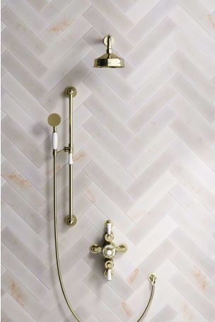 Calder Dual Outlet Shower Kit - Semi-Exposed Valve - 6 inch Rose - White Ceramic Lever - Handshower Slider-Rail - Gold