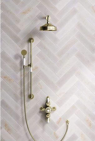 Calder Dual Outlet Shower Kit - Semi-Exposed Valve - 8 inch Rose - White Ceramic Lever - Handshower Slider-Rail - Gold