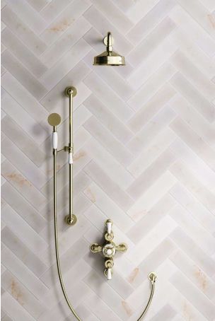 Calder Dual Outlet Shower Kit - Semi-Exposed Valve - 6 inch Rose - 500mm Shower Arm - White Ceramic Lever - Handshower Slider-Rail - Gold