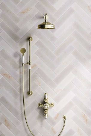 Calder Dual Outlet Shower Kit - Semi-Exposed Valve - 8 inch Rose - 500mm Shower Arm - White Ceramic Lever - Handshower Slider-Rail - Gold