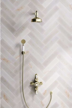 Calder Dual Outlet Shower Kit - Semi-Exposed Valve - 6 inch Rose - 500mm Shower Arm - White Ceramic Lever - Handshower Hook - Gold