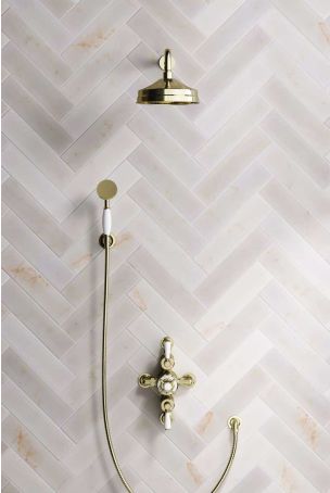 Calder Dual Outlet Shower Kit - Semi-Exposed Valve - 8 inch Rose - 500mm Shower Arm - White Ceramic Lever - Handshower Hook - Gold