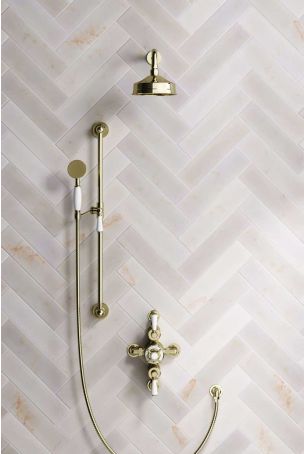 Calder Dual Outlet Shower Kit - Semi-Exposed Valve - 6 inch Rose - White Ceramic Lever - Handshower Slider-Rail - Ceiling Mounted Rose - Gold