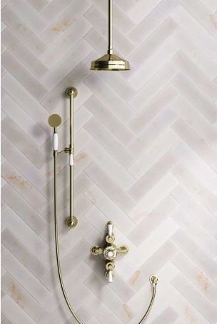Calder Dual Outlet Shower Kit - Semi-Exposed Valve - 8 inch Rose - White Ceramic Lever - Handshower Slider-Rail - Ceiling Mounted Rose - Gold