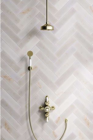 Calder Dual Outlet Shower Kit - Semi-Exposed Valve - 6 inch Rose - White Ceramic Lever - Handshower Hook - Ceiling Mounted Rose - Gold