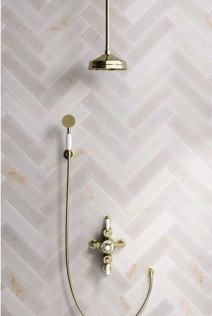 Calder Dual Outlet Shower Kit - Semi-Exposed Valve - 8 inch Rose - White Ceramic Lever - Handshower Hook - Ceiling Mounted Rose - Gold