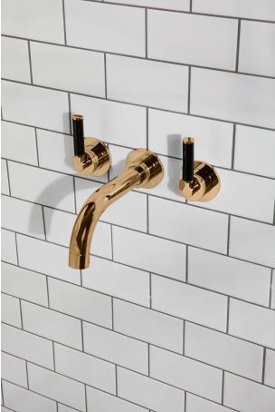 Senska 3-Hole Bath Filler - Wall Mounted - Black Lever - Polished Brass