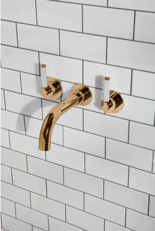 Senska 3-Hole Bath Filler - Wall Mounted - White Lever - Polished Brass