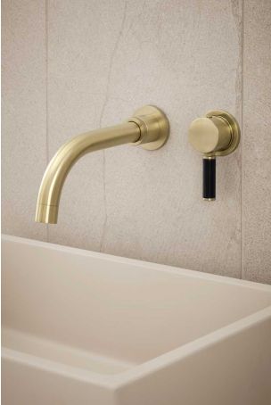 Senska - 2-Hole Basin Mixer - Wall Mounted - Black Lever - Brushed Brass