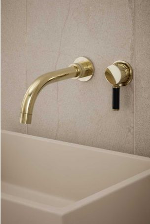 Senska - 2-Hole Basin Mixer - Wall Mounted - Black Lever - Polished Brass