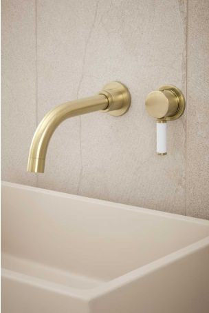 Senska - 2-Hole Basin Mixer - Wall Mounted - White Lever - Brushed Brass